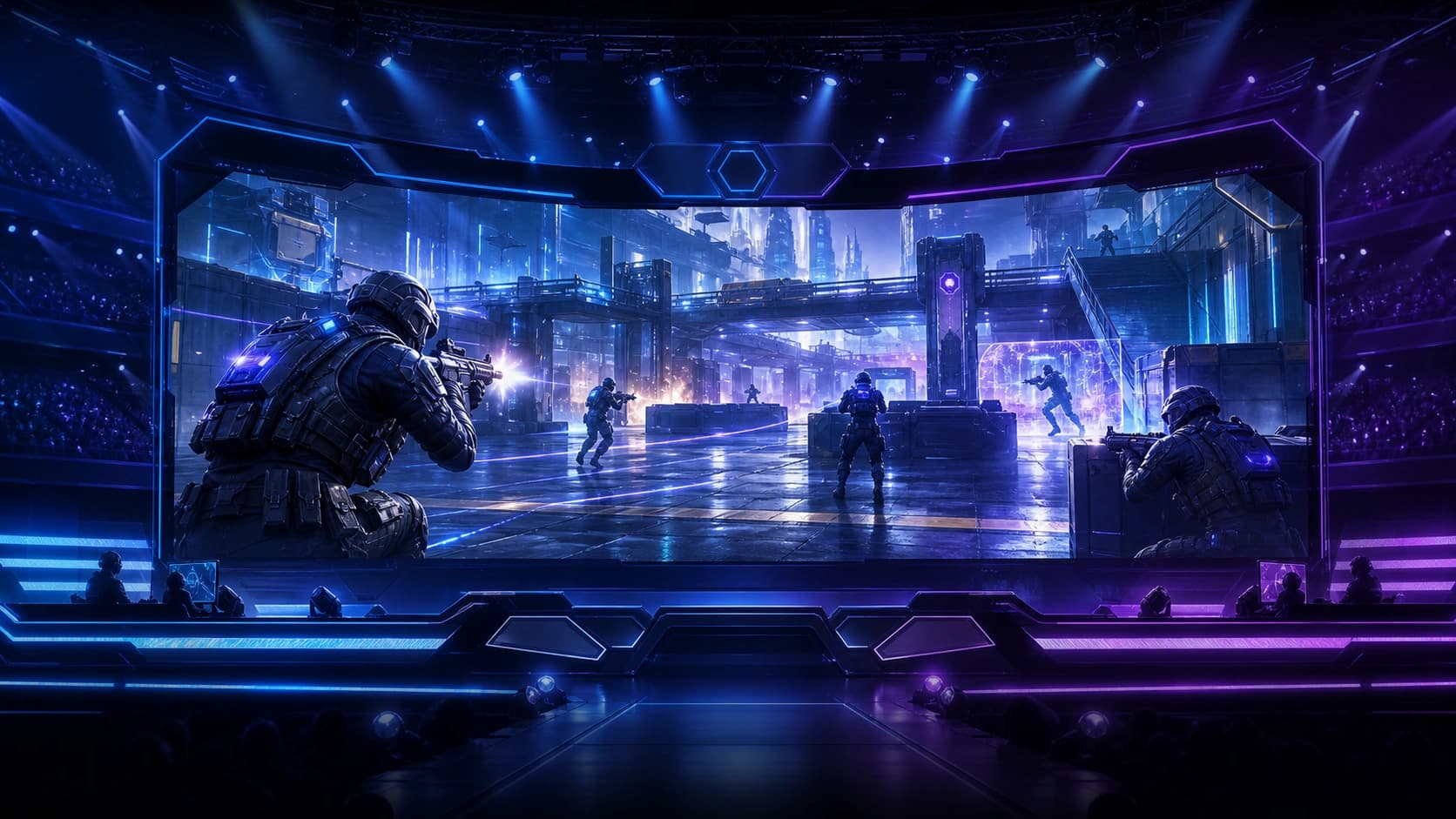 Futuristic esports arena match preview