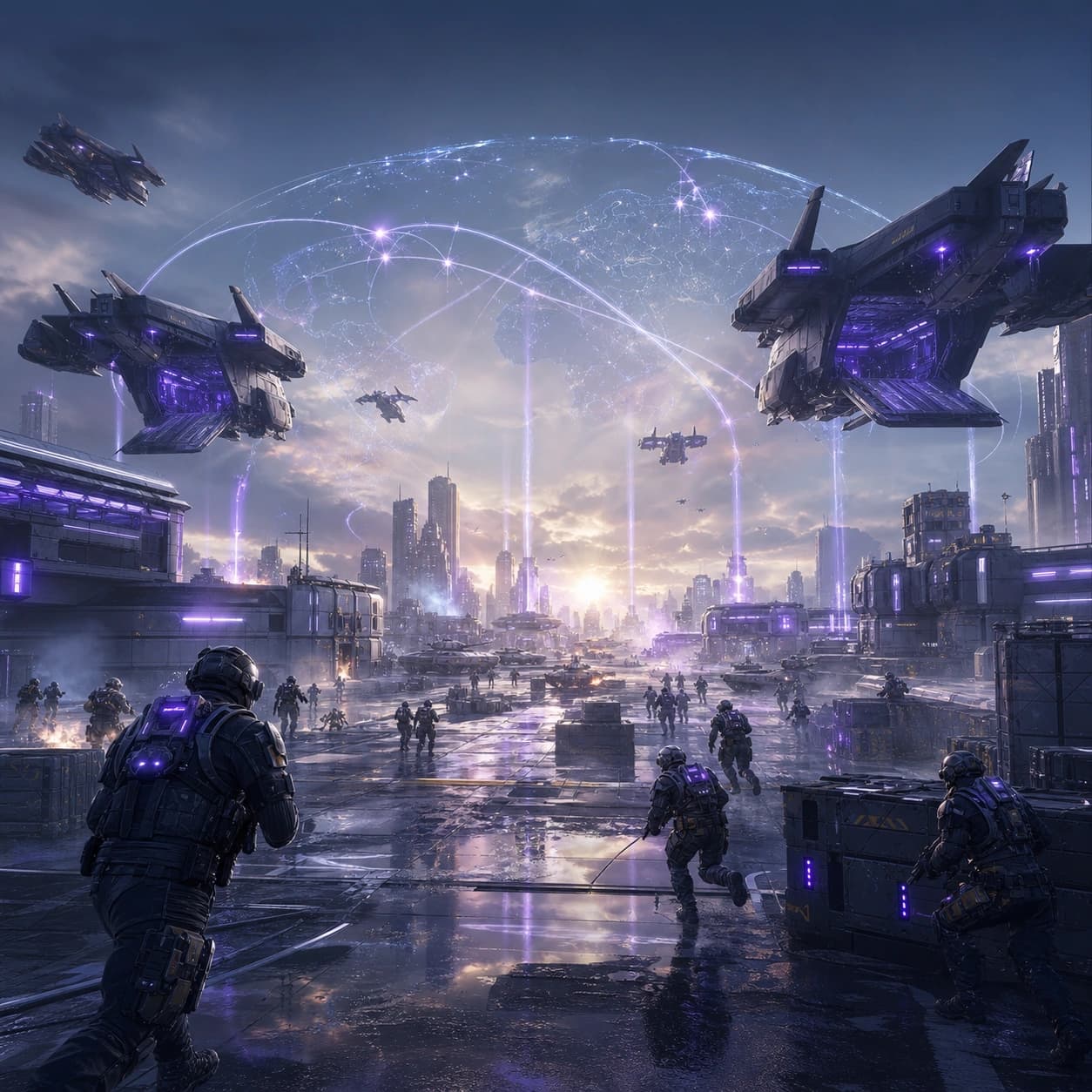 Large futuristic battlefield with squads deploying online